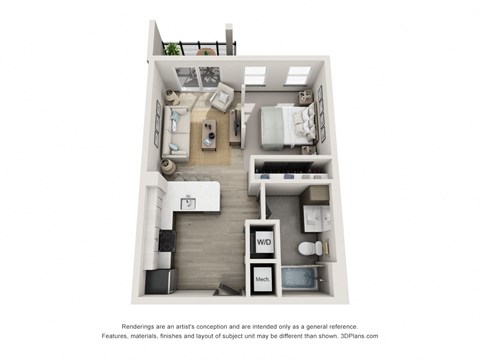 Floor plan for studio, 1 bath, 523 sqft